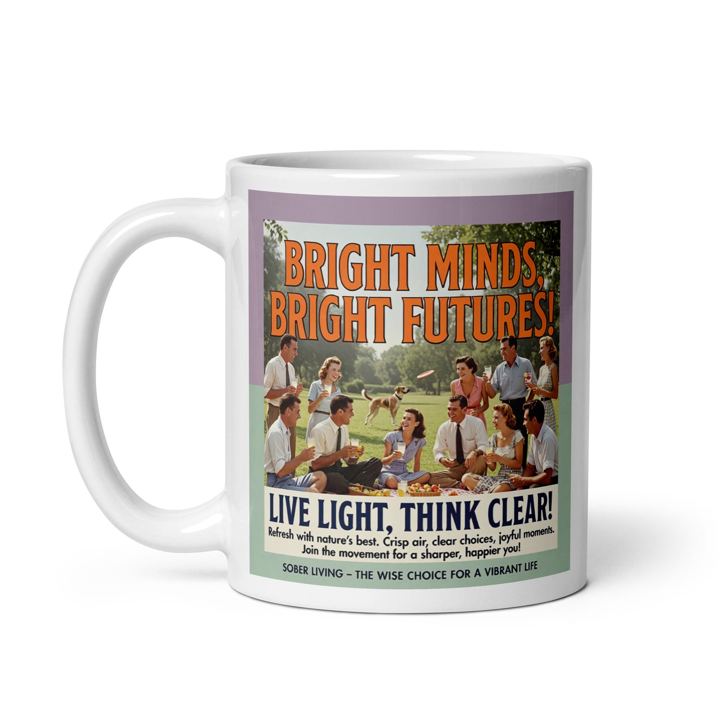 Mug with a graphic design featuring text and people in a park setting on a white background. Caption: Bright Minds.