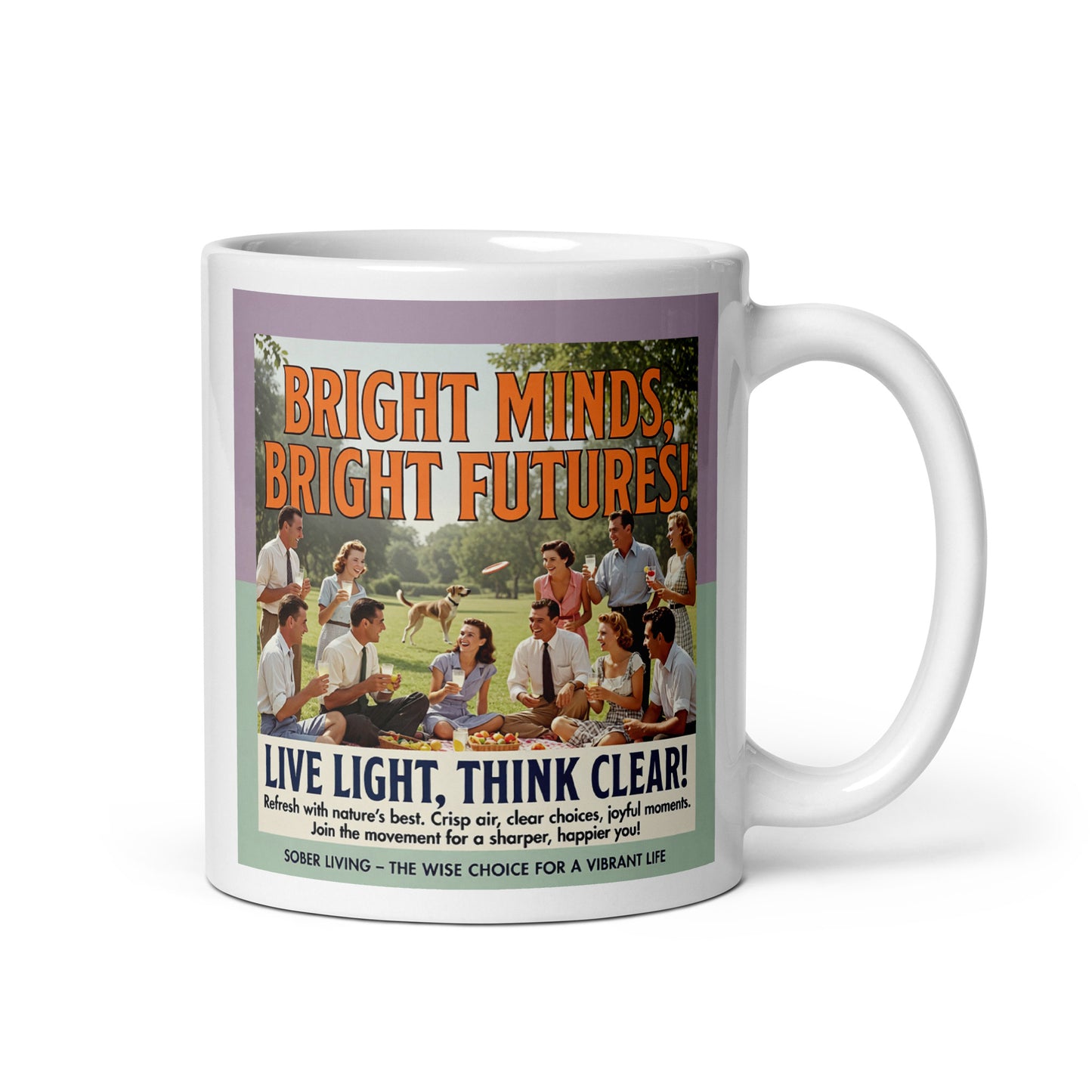 Mug with a graphic design featuring text and a scene of people outdoors.