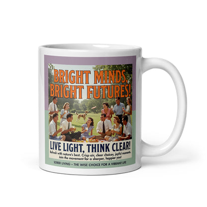 Mug with a graphic design featuring text and a scene of people outdoors.