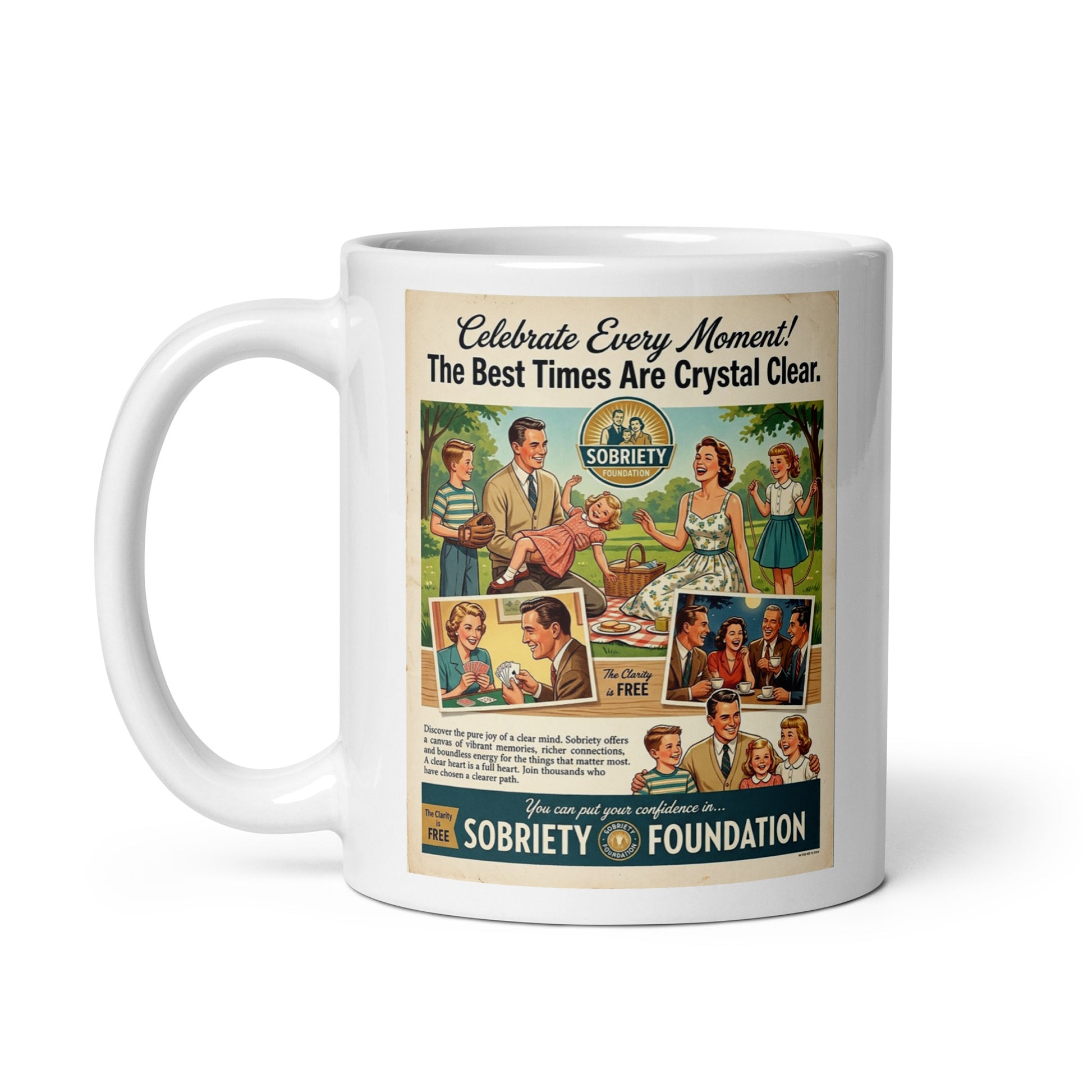 Mug with vintage-style advertisement featuring a family scene and text about sobriety. Caption: Celebrate every moment!