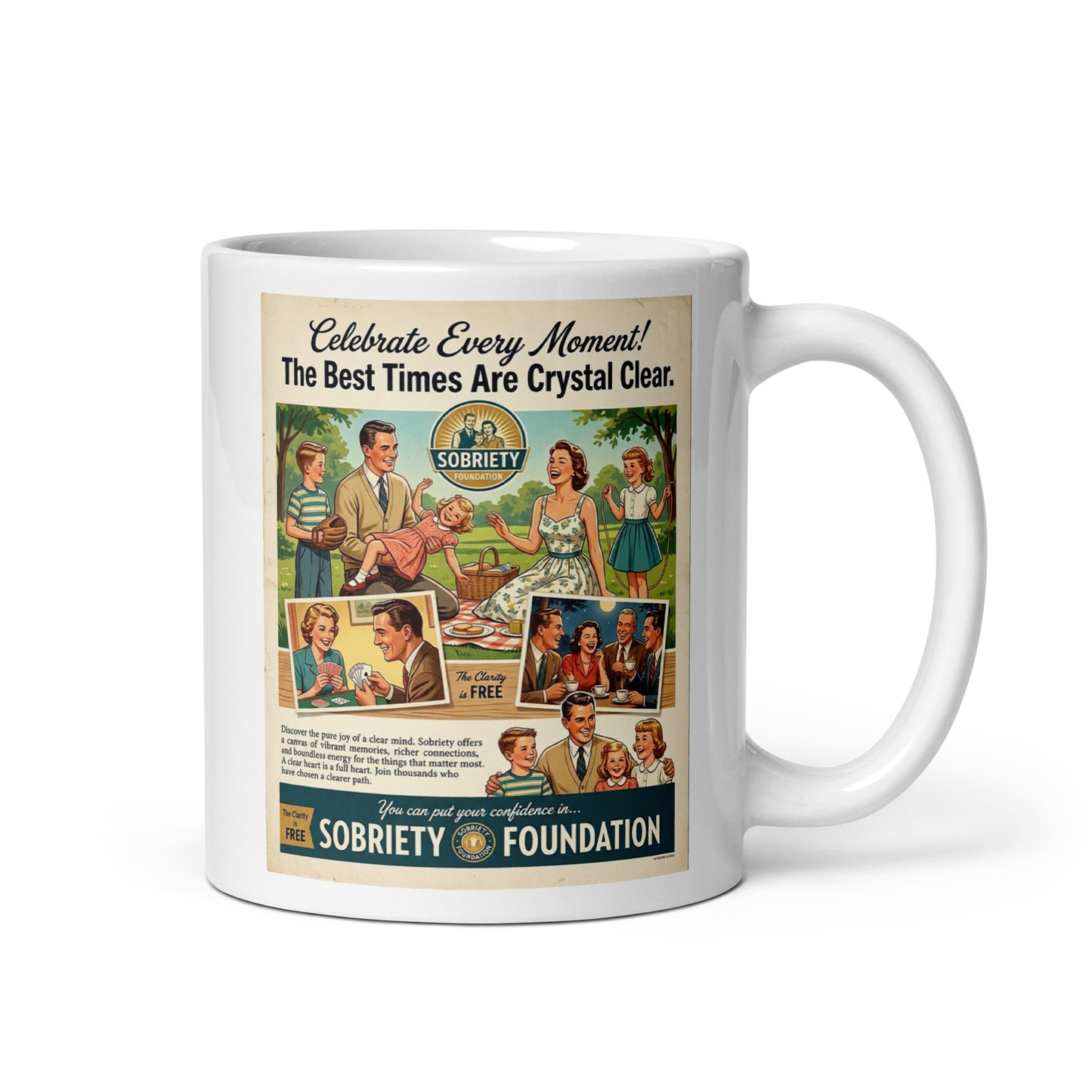 Mug with vintage-style advertisement for Sobriety Foundation on a white background