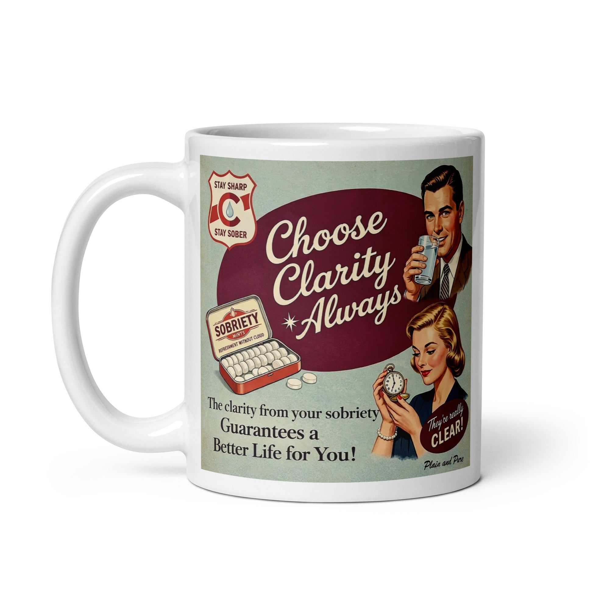 Mug with vintage-style advertisement graphic on a white background. Caption is Choose Clarity Always.