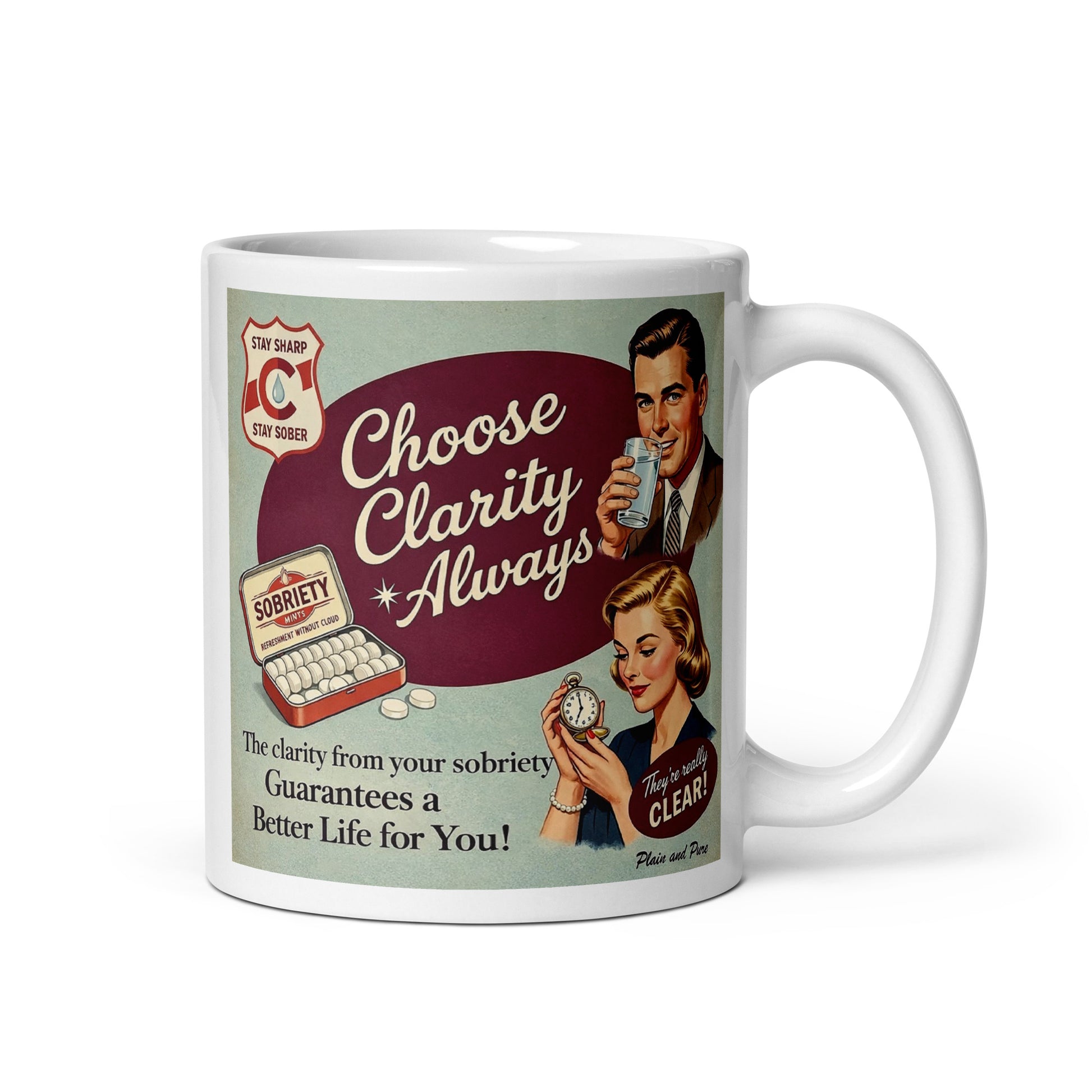 Mug with vintage-style advertisement graphic on a white background