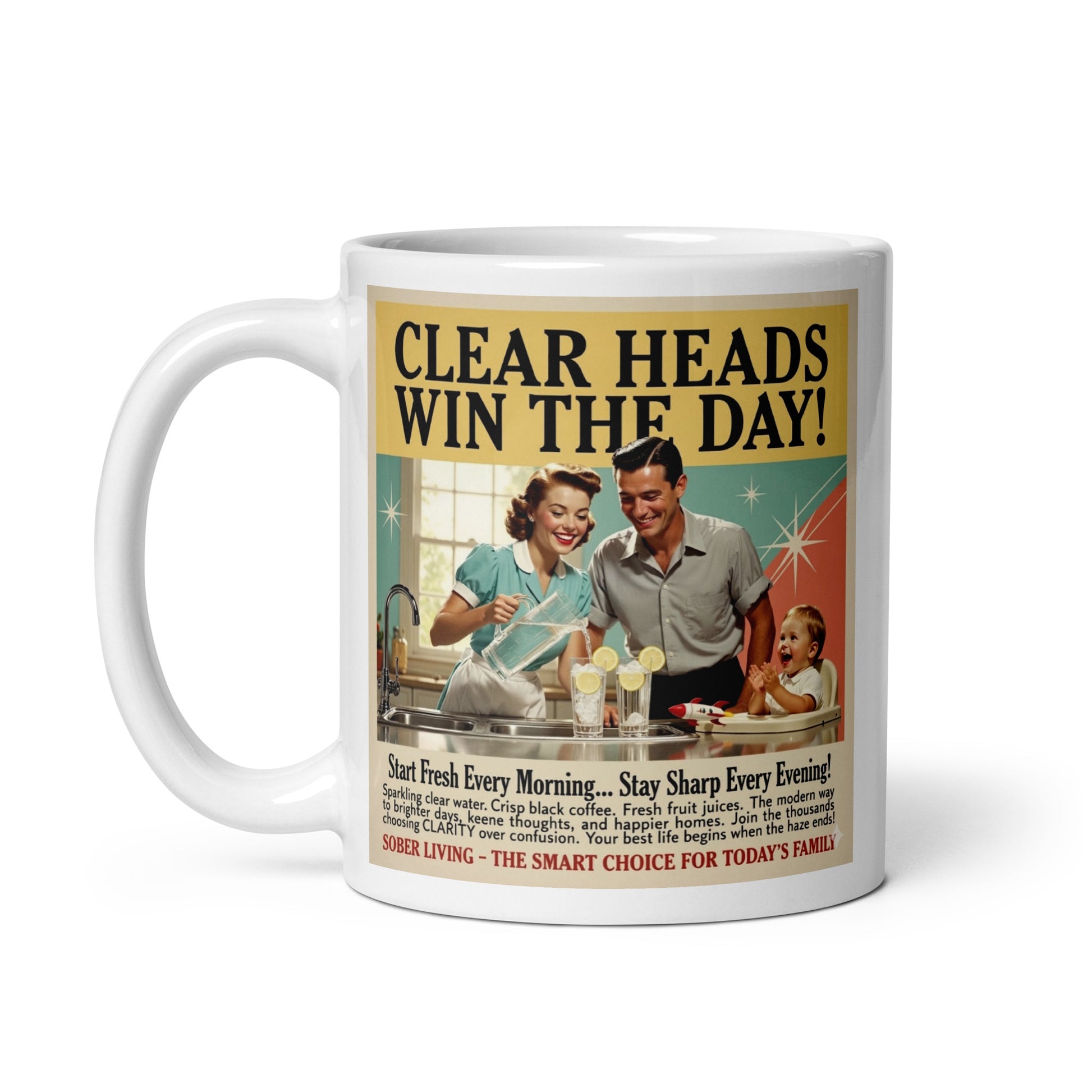 Mug with vintage-style advertisement featuring a couple and child in a kitchen. Caption: Clear Heads Win the Day