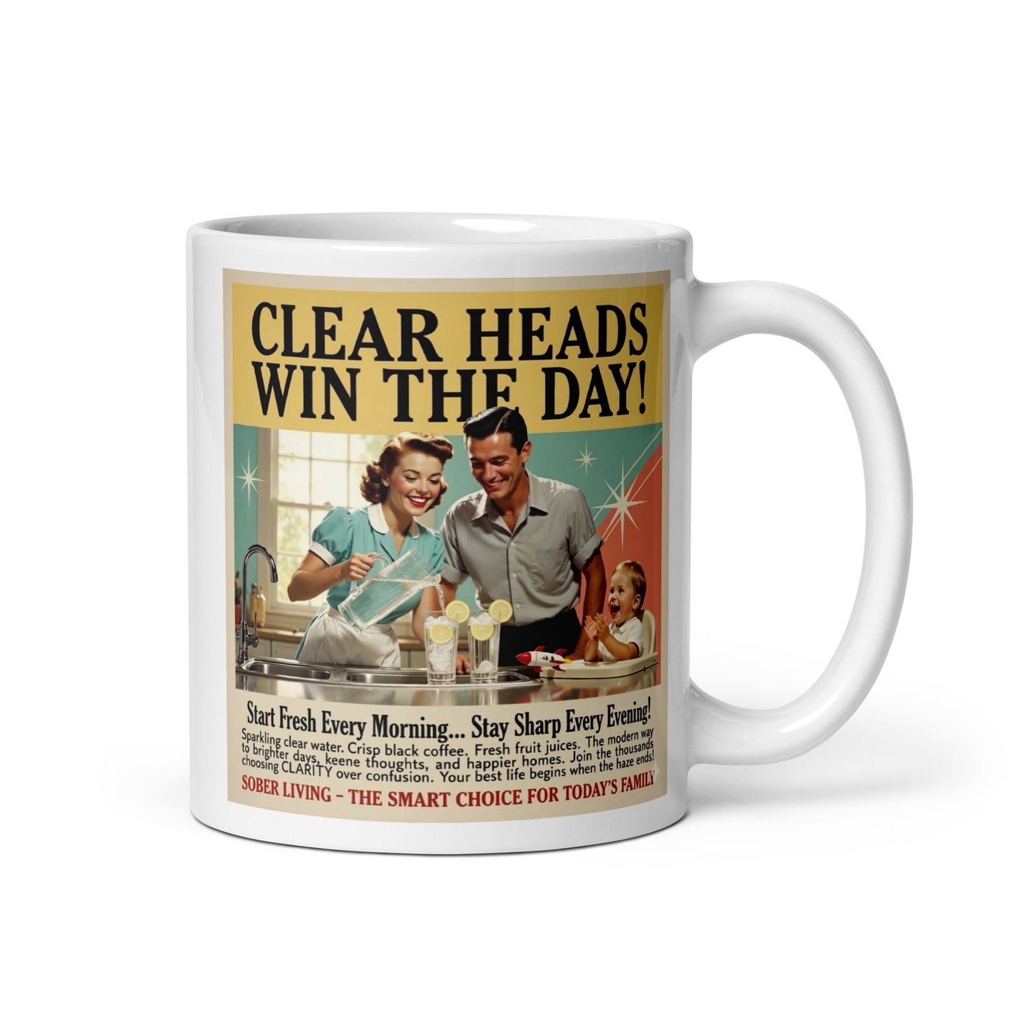 Mug with retro-style graphic of a family and text 'Clear Heads Win The Day!' on a white background