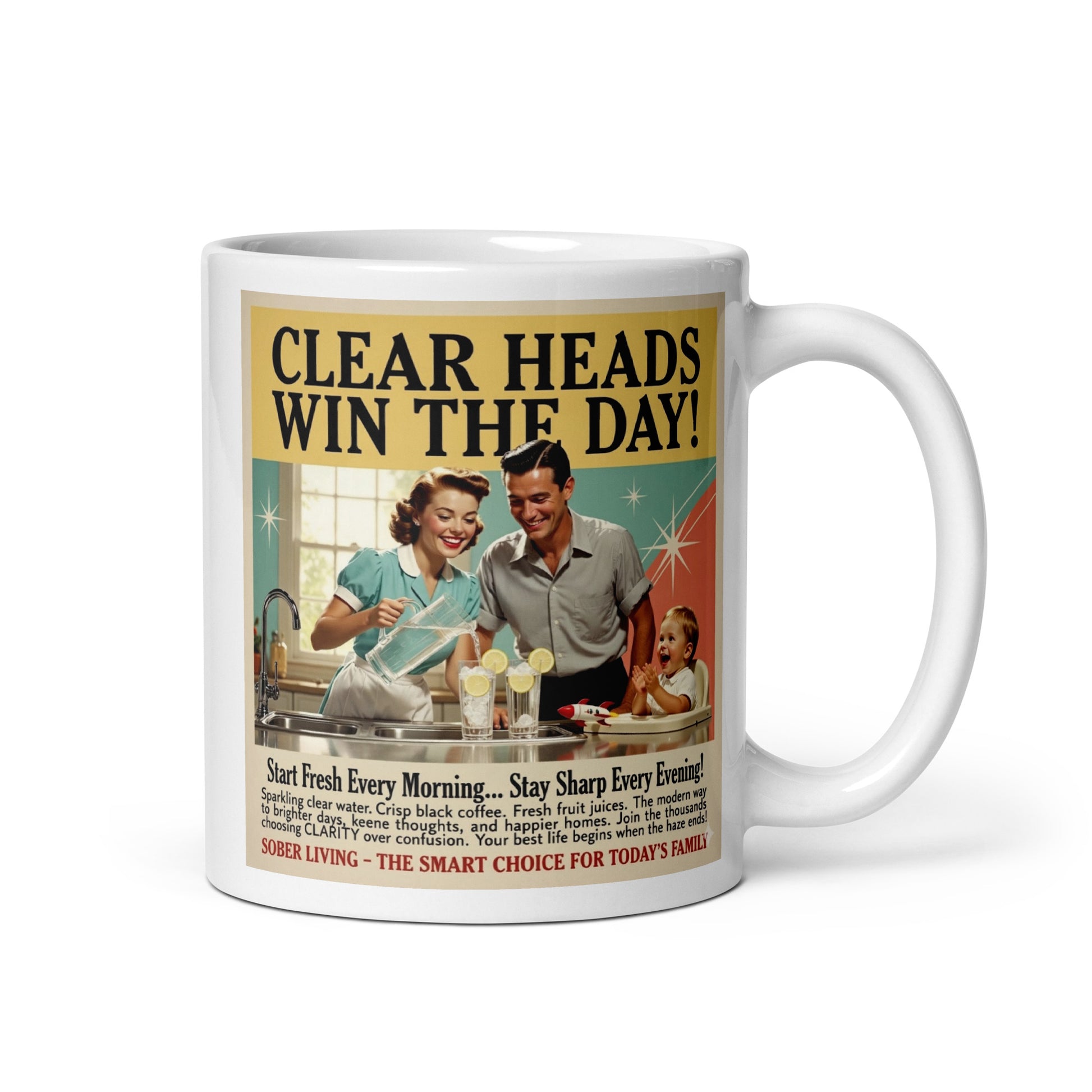 Mug with retro-style graphic of a family and text 'Clear Heads Win The Day!' on a white background