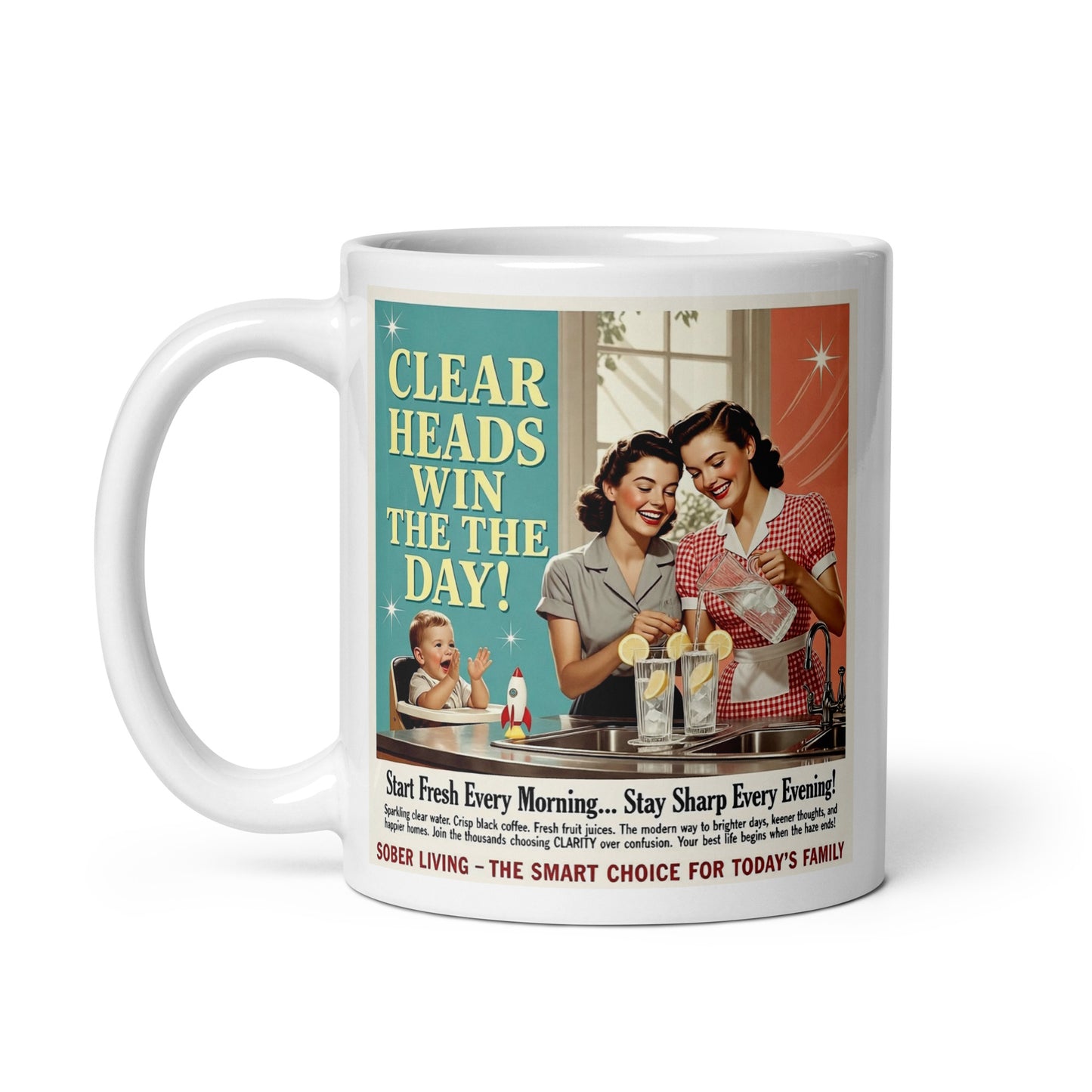Mug with retro-style advertisement featuring two women and a child in a kitchen. Win the day.