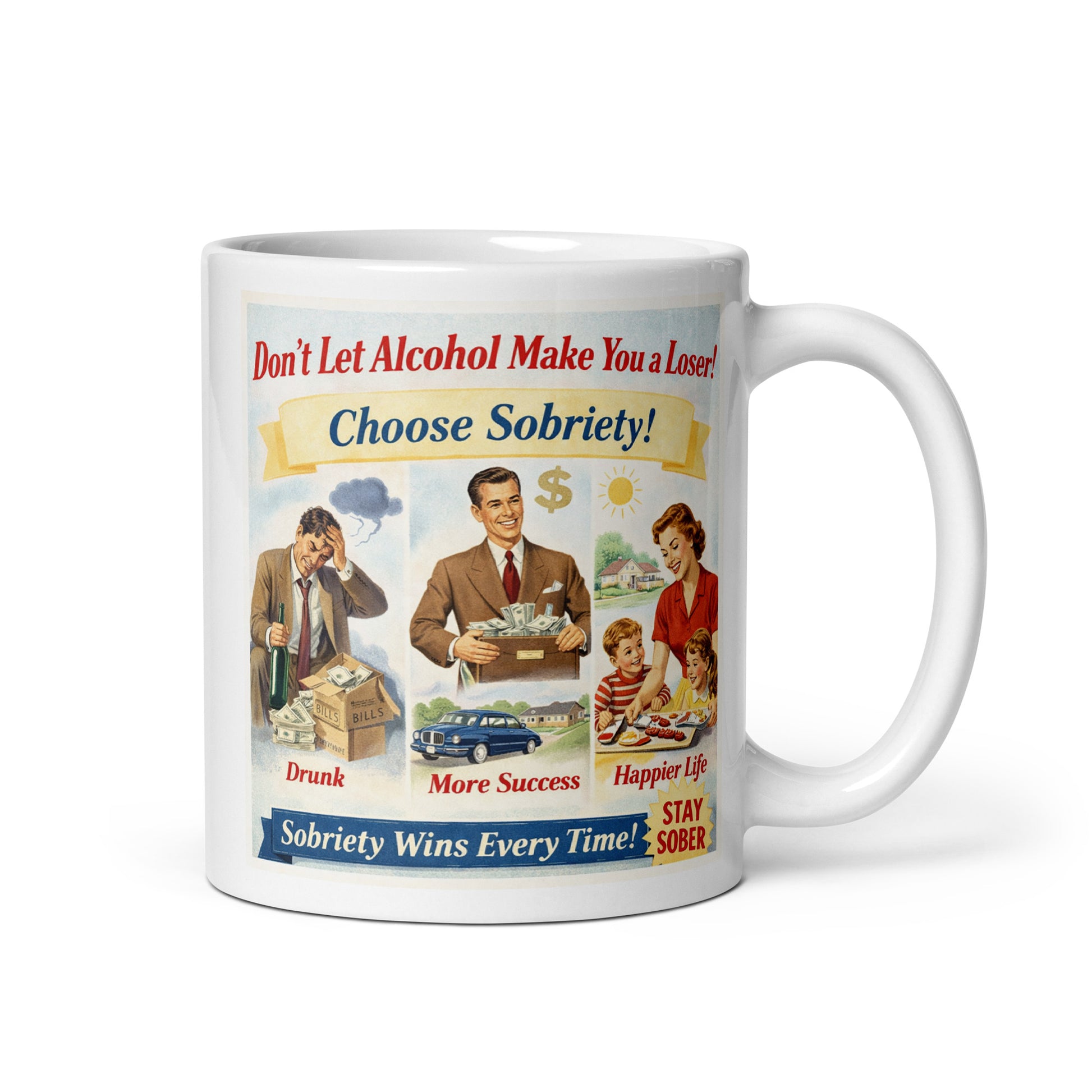 Mug with a vintage-style anti-alcohol advertisement design on a white background