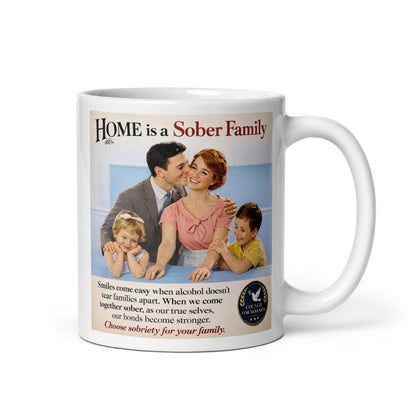 Mug with a family design and text about sobriety on a white background