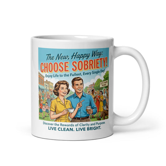 Mug with vintage-style design featuring a couple and text about sobriety on a white background.