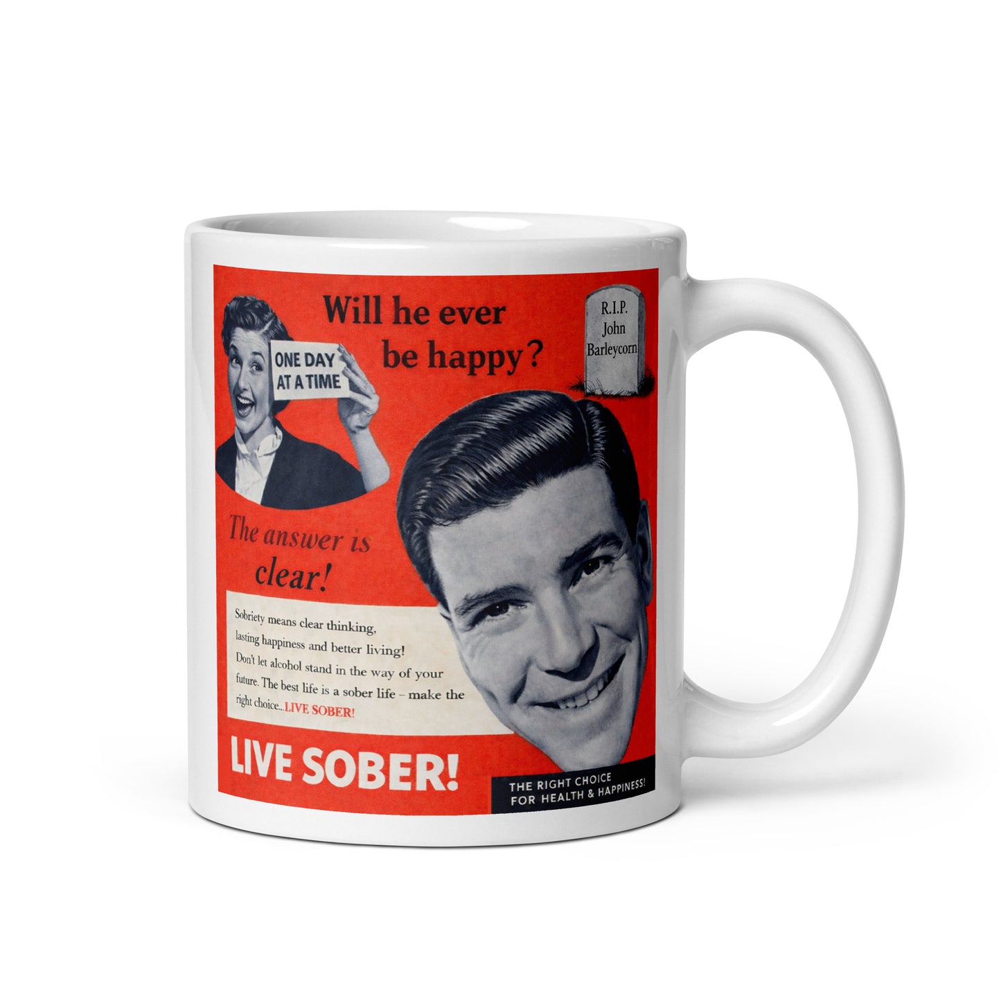 Mug with vintage-style advertisement design featuring a man and woman, text, and a logo.