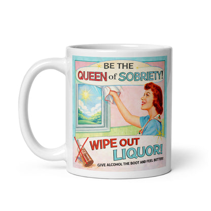 Mug with retro-style design featuring a woman and text about sobriety on a white background. Caption: Queen of sobriety