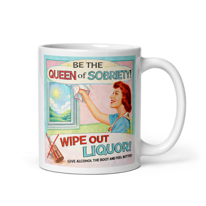 Mug with vintage-style poster design featuring a woman and text about sobriety on a white background.