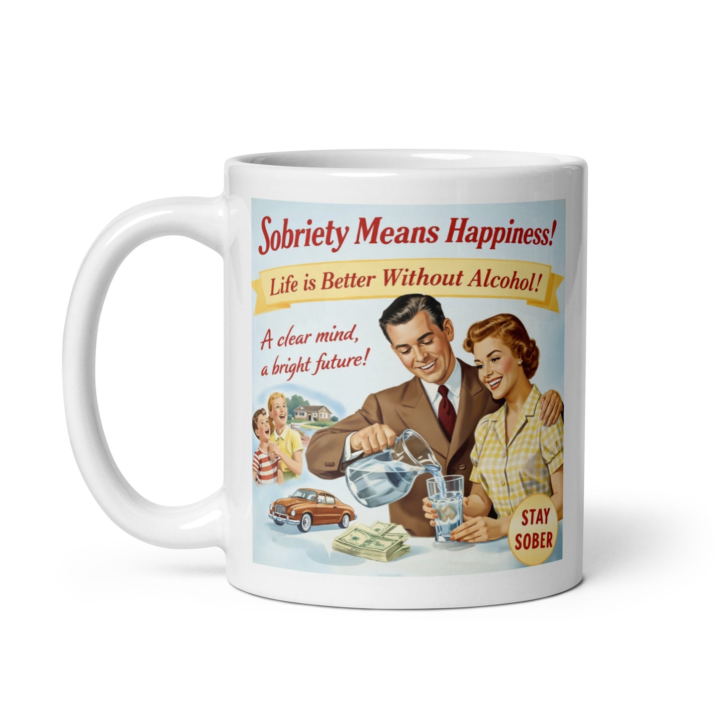 Mug with vintage-style anti-alcohol propaganda design featuring a couple and text. Caption: Sobriety means happiness!