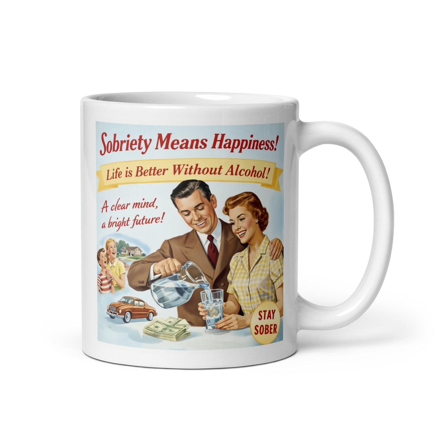 Mug with retro-style advertisement featuring a couple and text about sobriety.