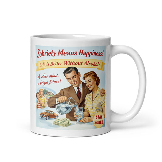 Mug with retro-style advertisement featuring a couple and text about sobriety.