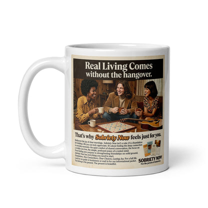 Mug with a vintage-style advertisement for Sobriety Now on a white background. Caption: Sobriety Now