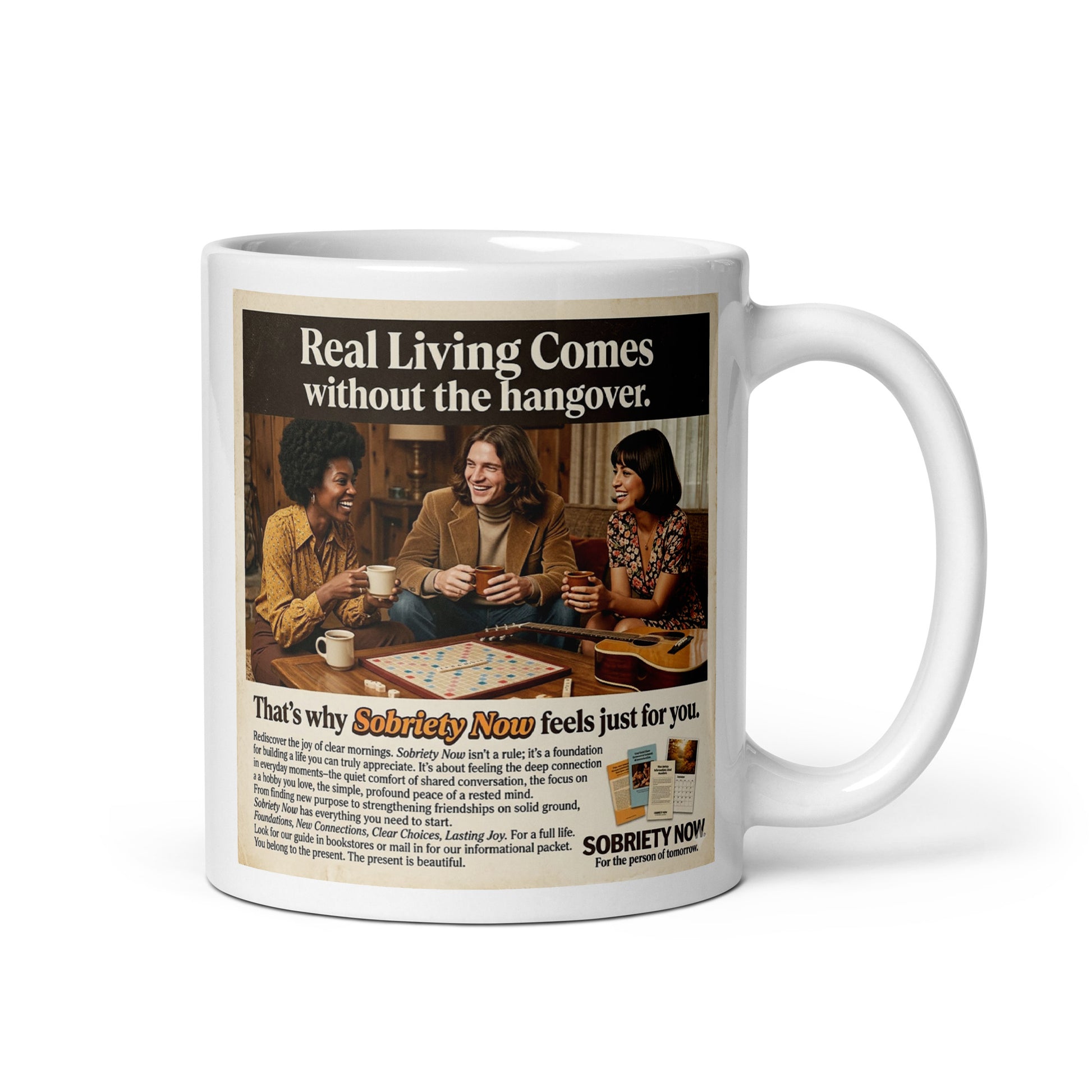 Mug with vintage advertisement design featuring people around a table.