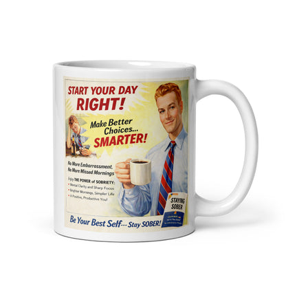 Mug with motivational design featuring a man holding a coffee cup and text about making better choices.