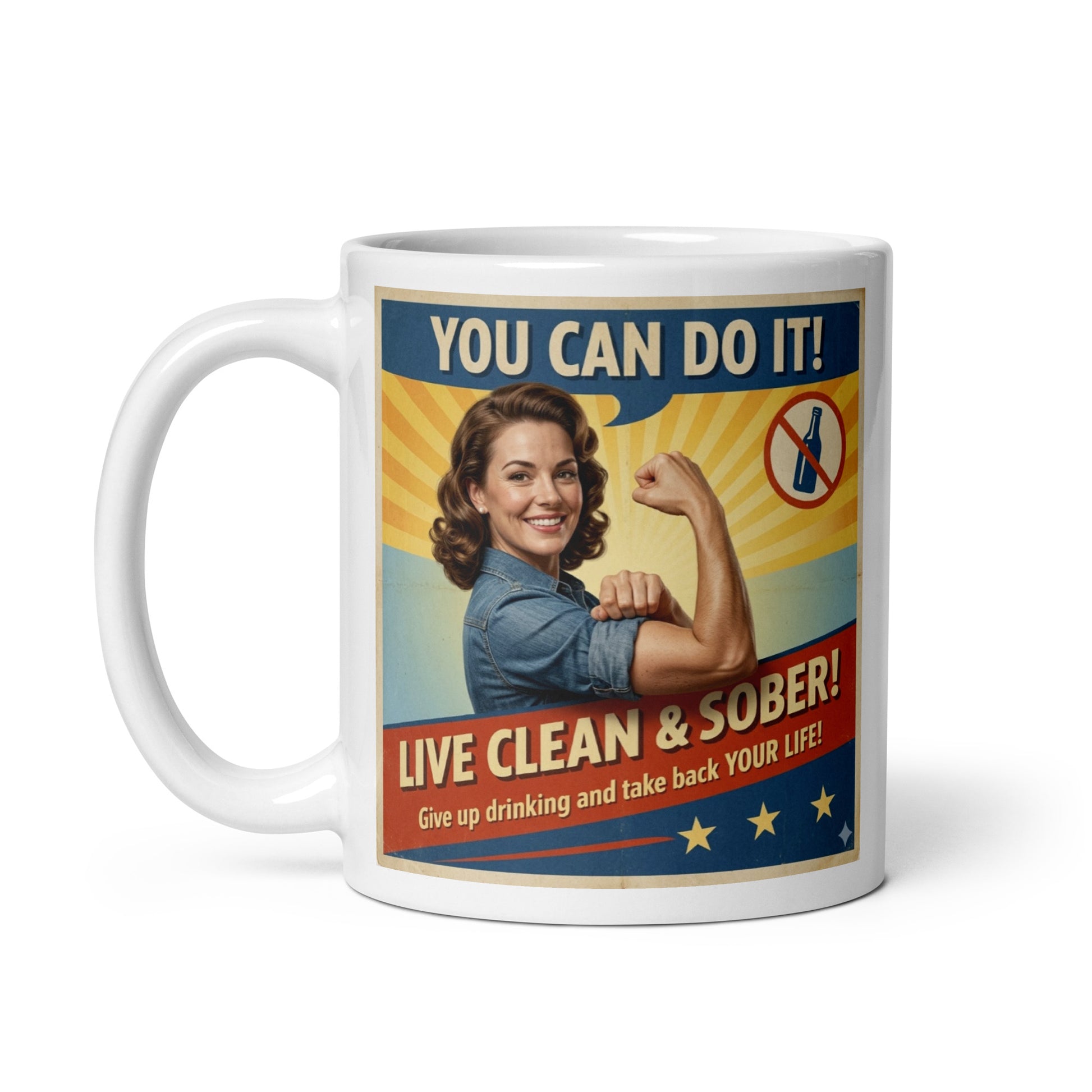 Mug with motivational design featuring a woman flexing her arm, text 'You can do it!', and a no-drinking symbol. Caption: You can do it!