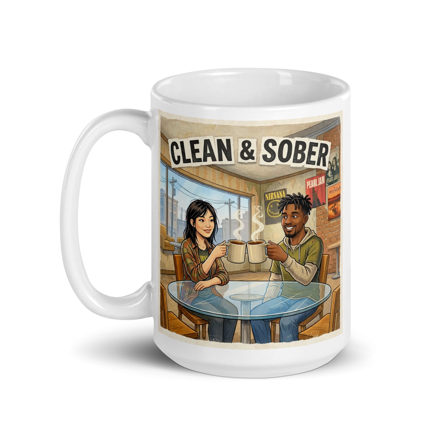 Mug with illustration of two people at a table with 'Clean & Sober' sign above. Easy Does It.