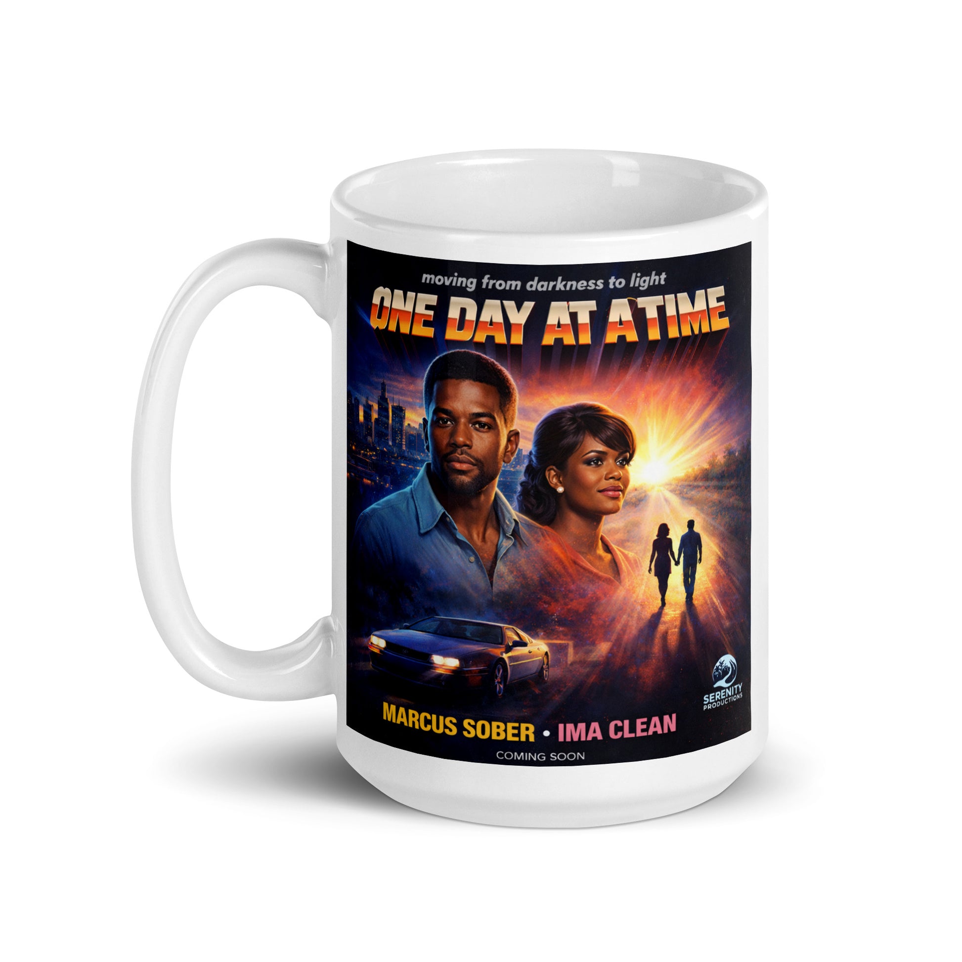 Mug with 'One Day at a Time' movie poster design on a white background. Marcus Sober. Ima Clean.
