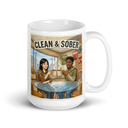 Mug with illustration of two people in a coffee shop and 'Clean & Sober' text. But for the Grace.