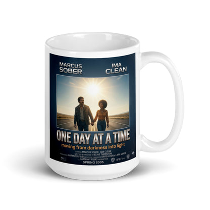 Mug with 'One Day at a Time' TV show poster design on a white background. 2000s themed sobriety poster.