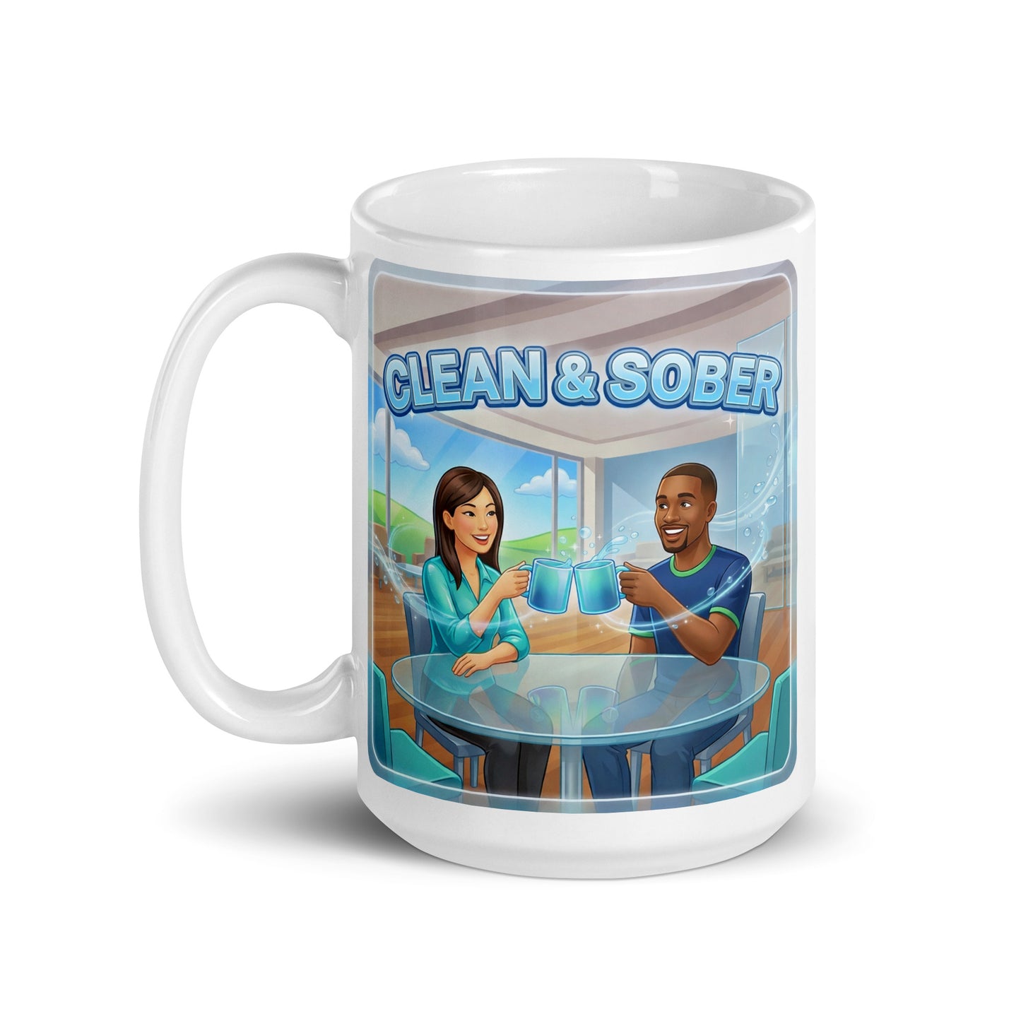 Mug with illustration of two people at a table with 'Clean & Sober' text. Couple in a diner toasting their coffee mugs.