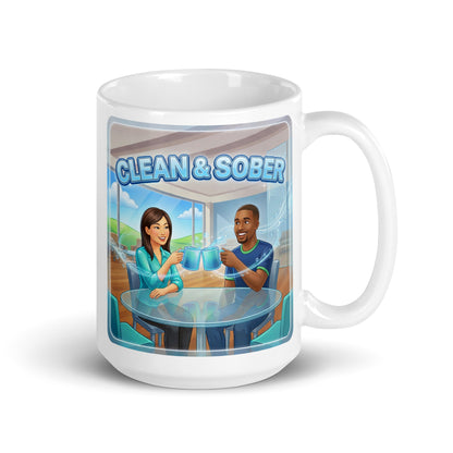Mug with illustration of two people at a table with 'Clean & Sober' text. 2000's diner.