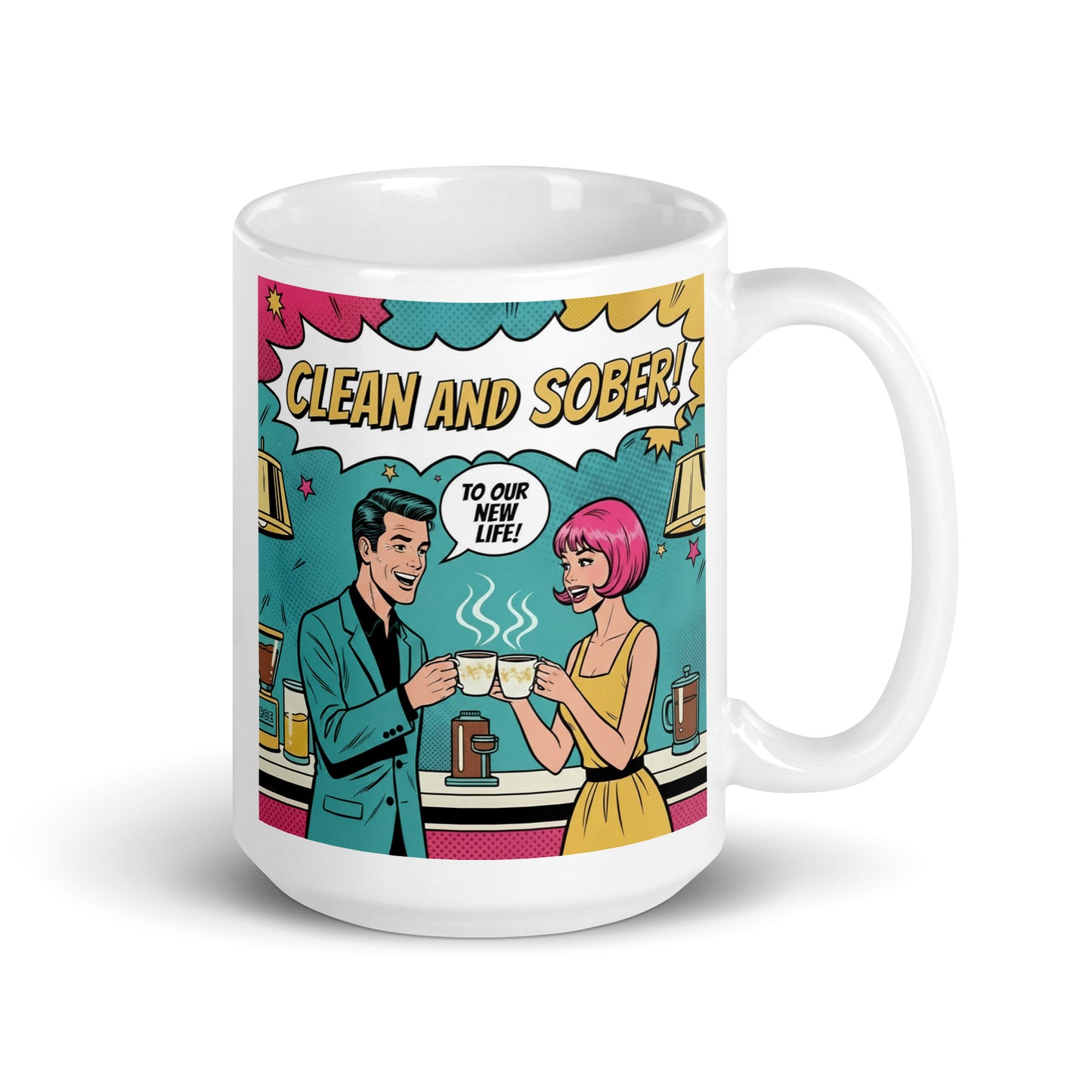 A 1960's pop art illustration of a clean and sober couple celebrating with coffee mugs in a colorful comic-style kitchen scene with the phrase “Clean and Sober!” and “To Our New Life!”