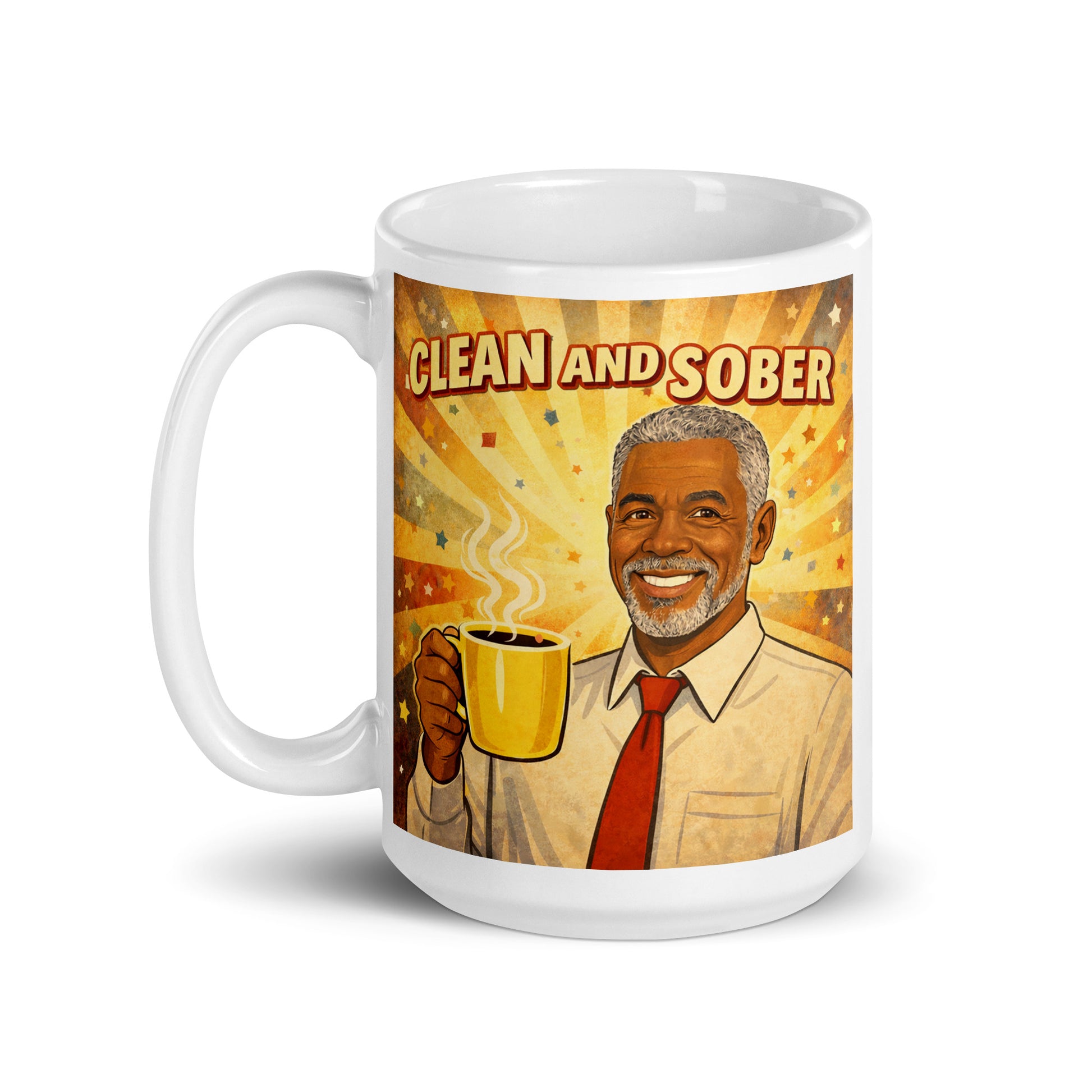 Mug with a graphic of a man holding a yellow coffee cup and text 'Clean and Sober' on a white background. 