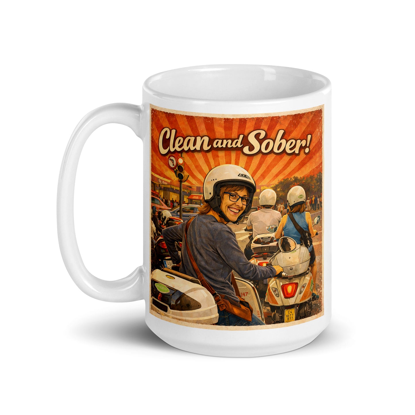 Mug with a design of a woman on a Vespa and the text 'Clean and Sober!' on a white background.