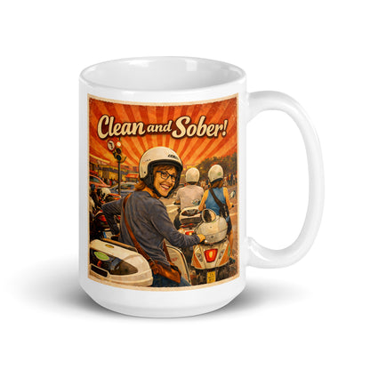 Mug with a graphic design featuring a person on a Vespa and the text 'Clean and Sober!' on a white background.
