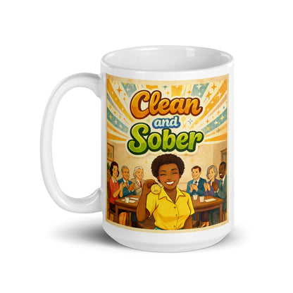 Mug with 'Clean and Sober' design featuring a cartoon illustration of people in a room. Woman receives 1 year medallion.