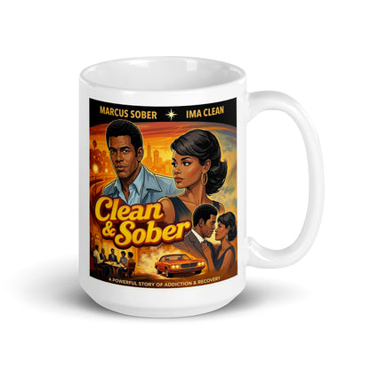 Vintage 1970s-style movie poster illustration featuring a couple in a dramatic city setting beneath the words “Clean & Sober,” with retro cars, warm cinematic colors, and recovery-themed imagery. A powerful story of addiction.
