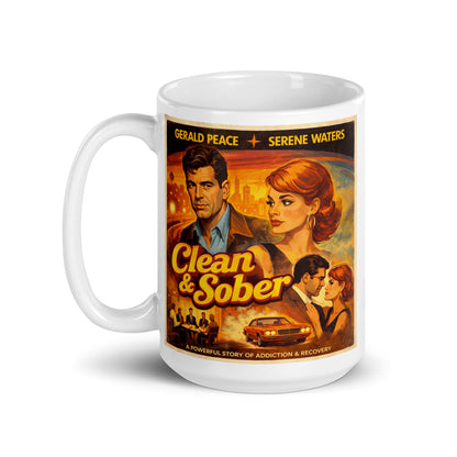 Sobriety Mug with a 70s movie poster design featuring two people and text on a white background. A story of addiction and recovery.