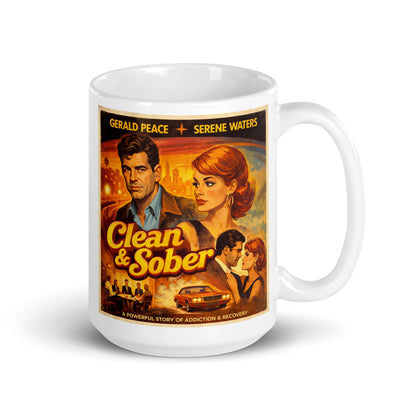 Sobriety Mug with a movie poster design featuring two people and text on a white background