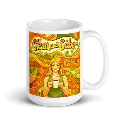 Mug with a design of a woman holding a coffee cup and the text 'Clean and Sober' on a colorful background. 70's theme.