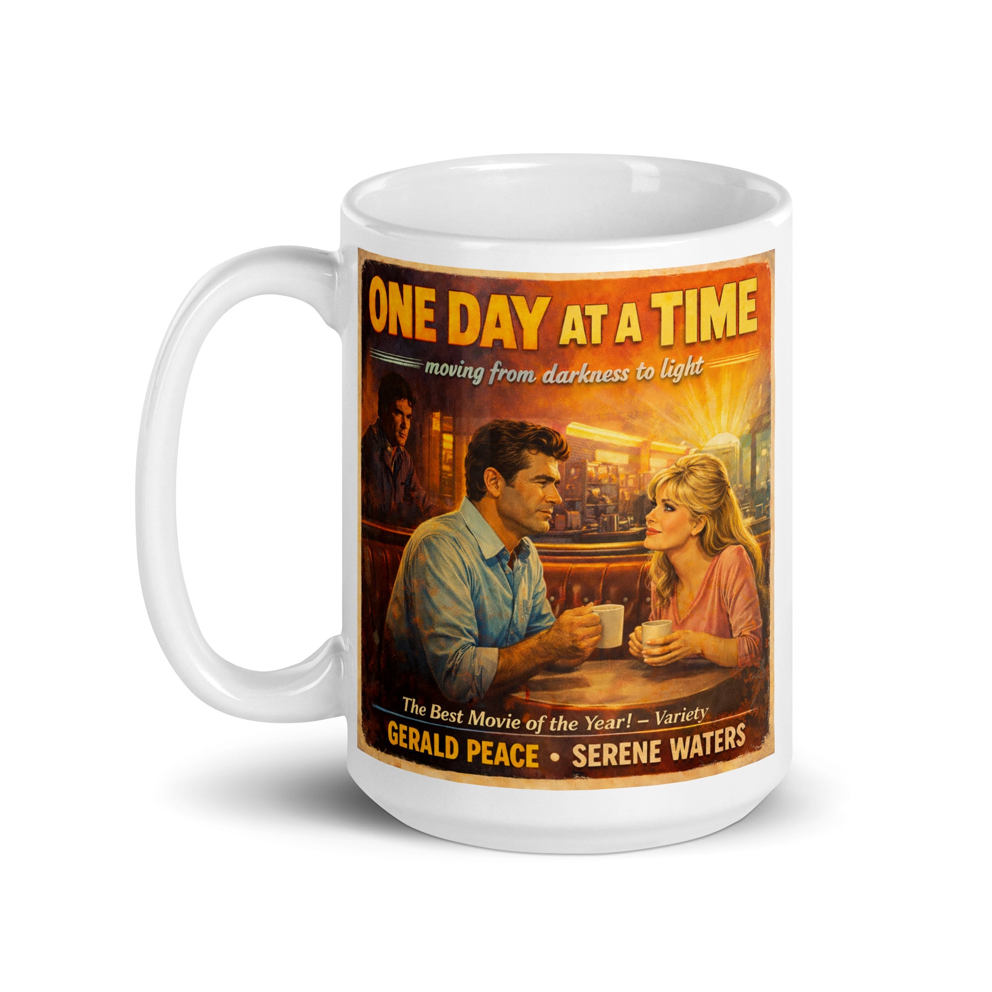 Vintage 70s-style recovery movie poster illustration featuring a man and woman sharing coffee in a diner beneath the words “One Day at a Time” with warm cinematic lighting and retro designs.