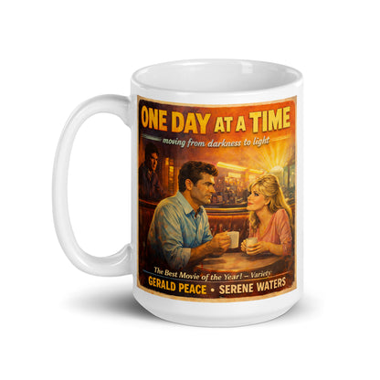 Vintage 70s-style recovery movie poster illustration featuring a man and woman sharing coffee in a diner beneath the words “One Day at a Time” with warm cinematic lighting and retro designs.