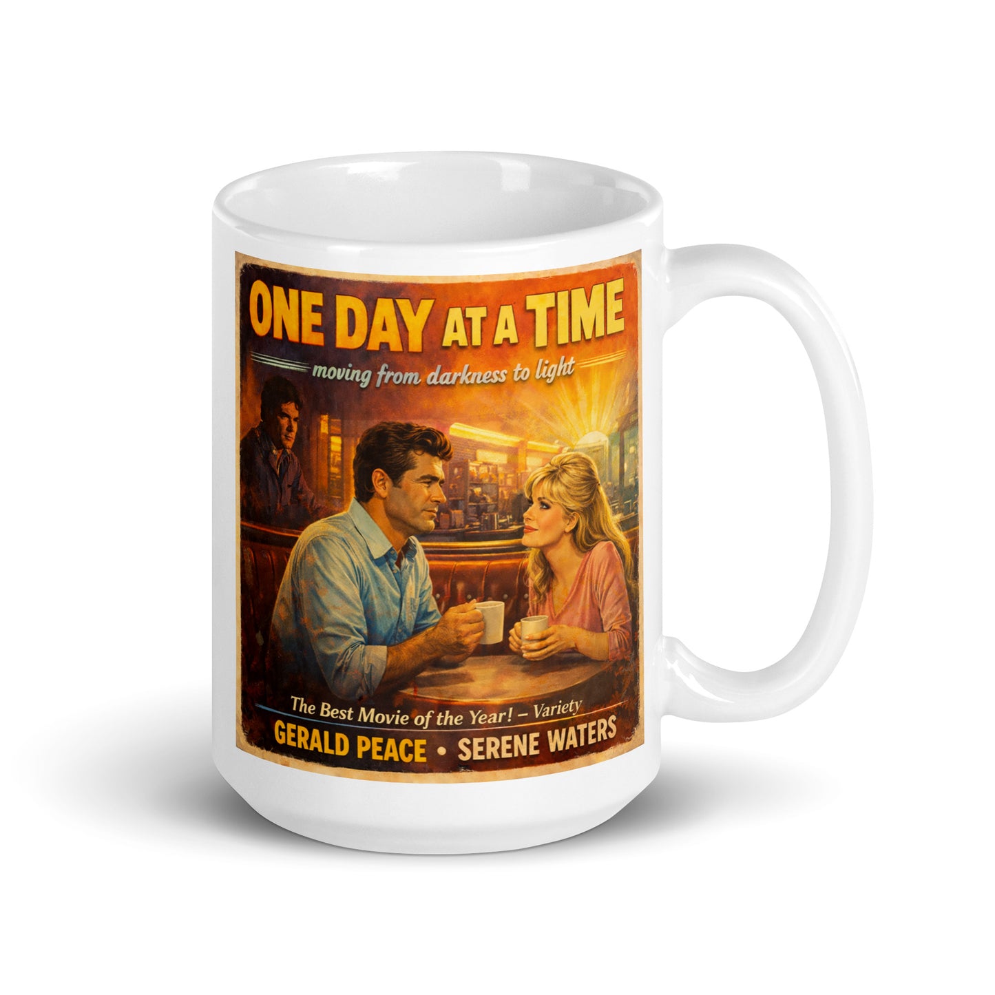 Vintage 70s-style recovery movie poster illustration featuring a man and woman sharing coffee in a diner beneath the words “One Day at a Time” with warm cinematic lighting and retro textures. Moving from darkness to light.
