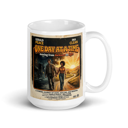 Mug with 'One Day at a Time' movie poster design on a white background. Starring Ima Clean.