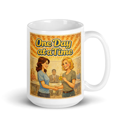 Mug with 'One Day at a Time' TV show design featuring two women shaking hands. AA meeting.