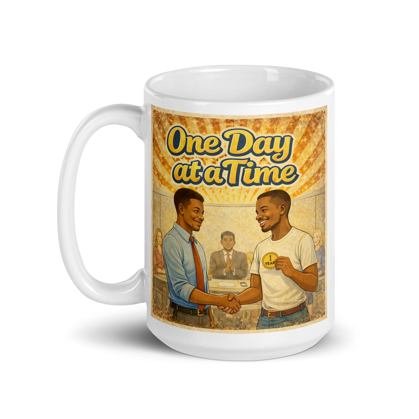Mug with 'One Day at a Time' graphic design featuring two men in recovery shaking hands.
