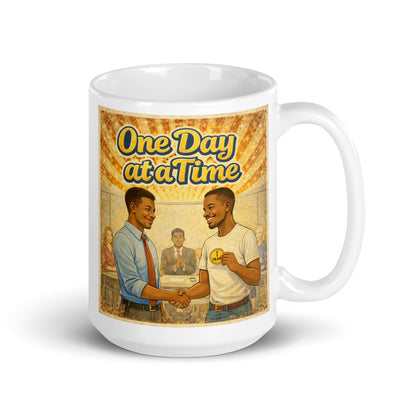Mug with 'One Day at a Time' graphic design featuring two sober companions shaking hands.