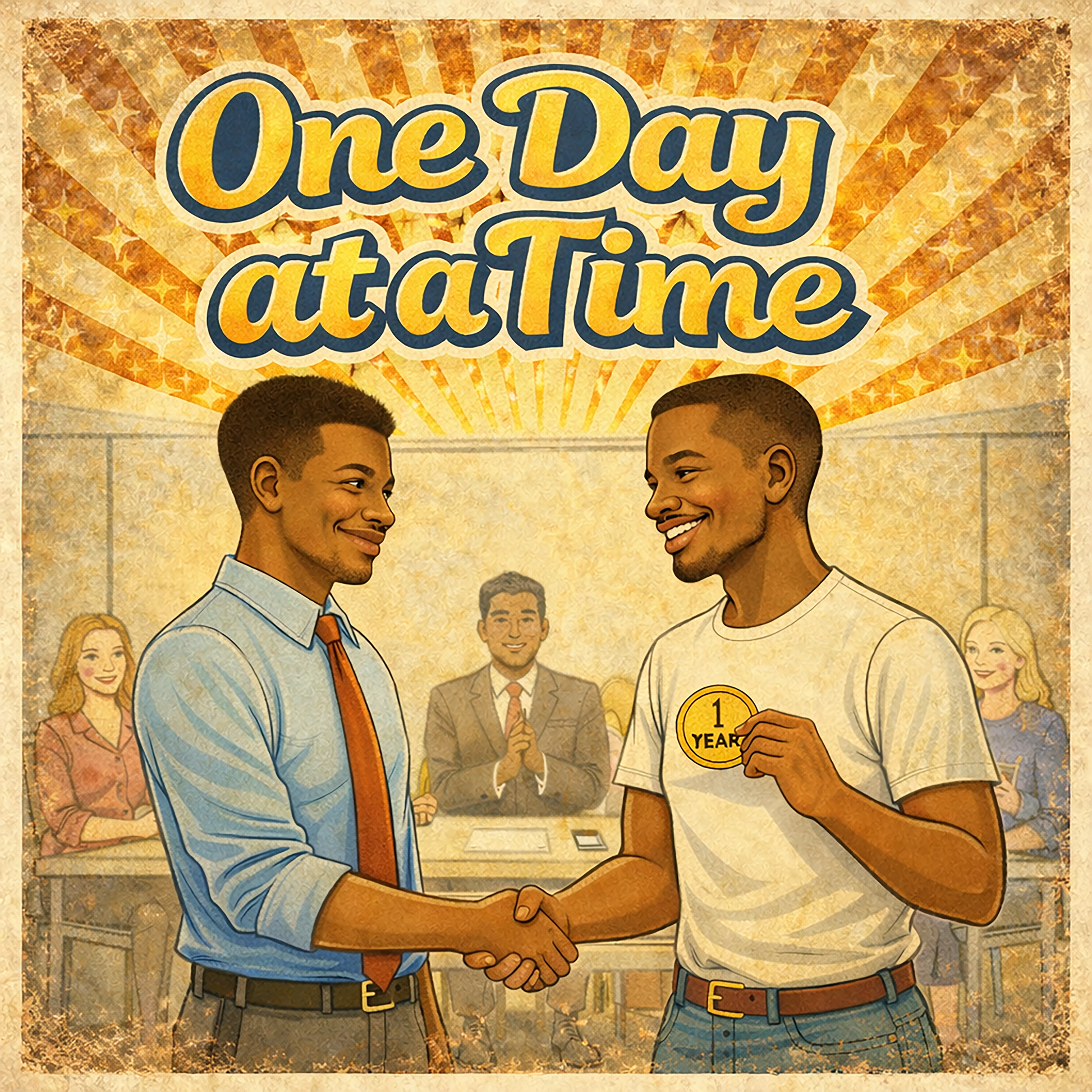 Vintage 1970s style sobriety coffee mug design featuring two men shaking hands at a recovery meeting while celebrating a one-year sobriety milestone beneath retro “One Day at a Time” lettering.
