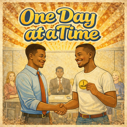 Vintage 1970s style sobriety coffee mug design featuring two men shaking hands at a recovery meeting while celebrating a one-year sobriety milestone beneath retro “One Day at a Time” lettering.