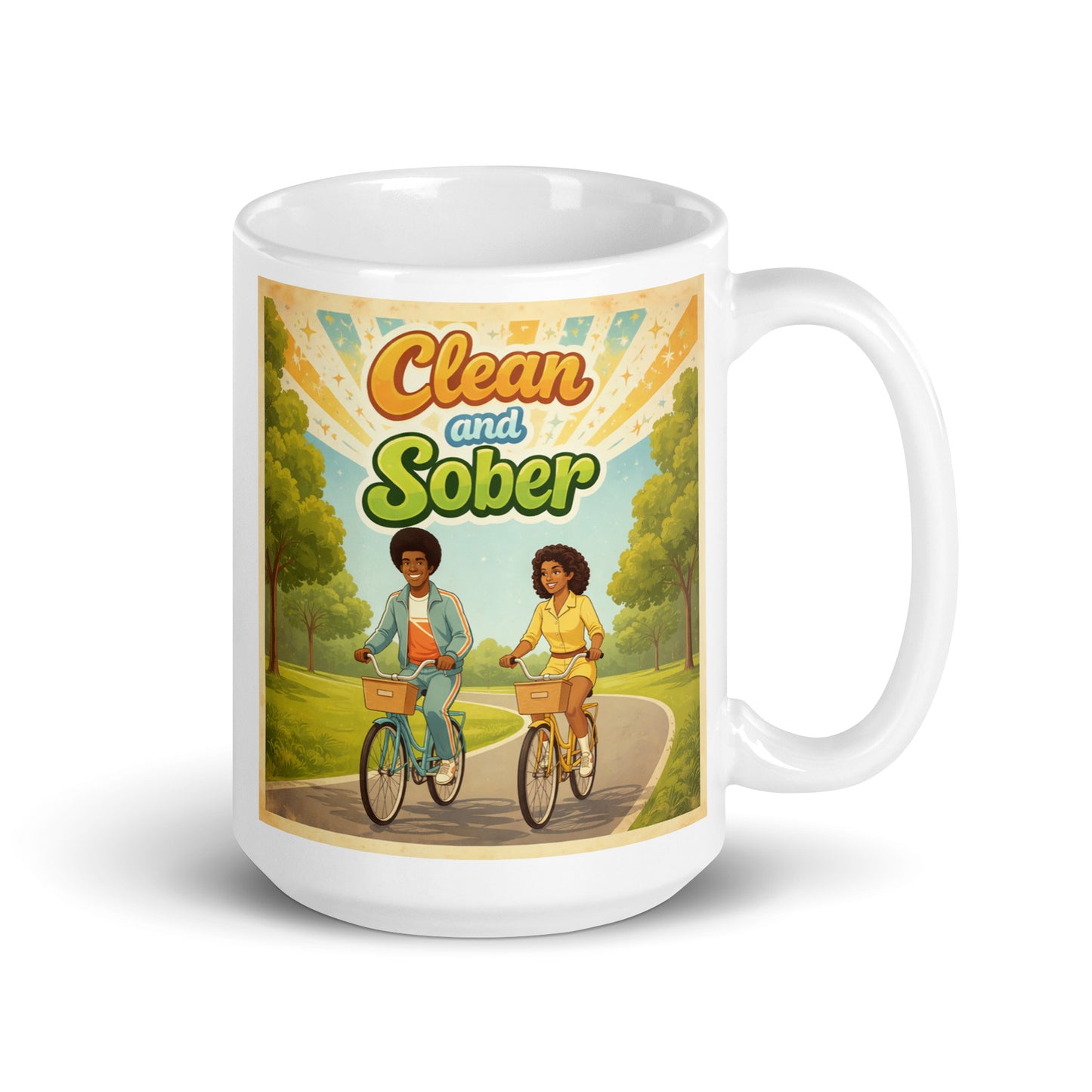 Mug with illustration of two people celebrating sobriety riding bicycles and 'Clean and Sober' text on a white background