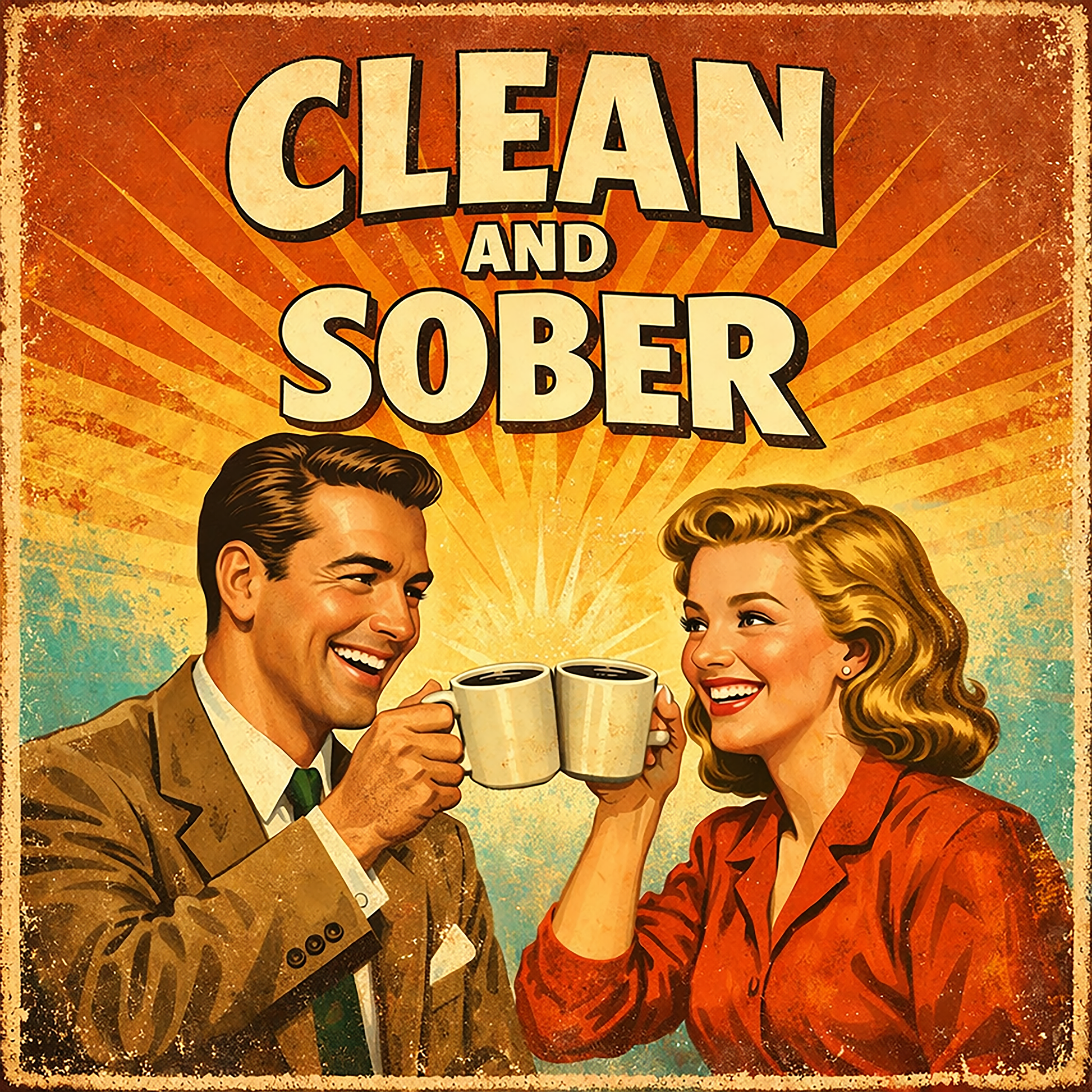 Retro 1950s style clean and sober coffee mug design featuring a smiling vintage couple toasting coffee mugs with a bright sunburst background and bold retro typography.